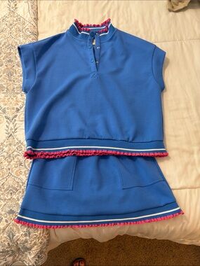 Umgee Blue Top with Pink Stitch Detail with matching skirt